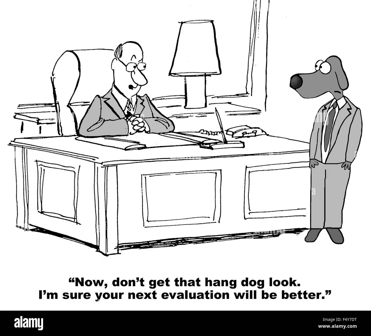 Business cartoon of boss saying to dog, 'Now, don't get that hang dog  look... your next evaluation will be better' Stock Photo - Alamy