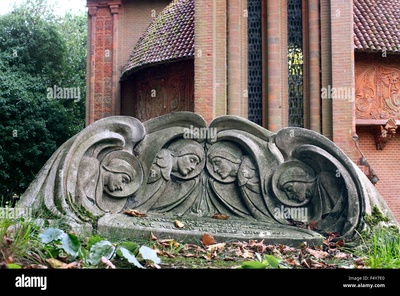 Art Nouveau gravestone (on a sloping hillside!) for Margerie Gillett, next to the Watts Chapel, Compton, Surrey. Stock Photo