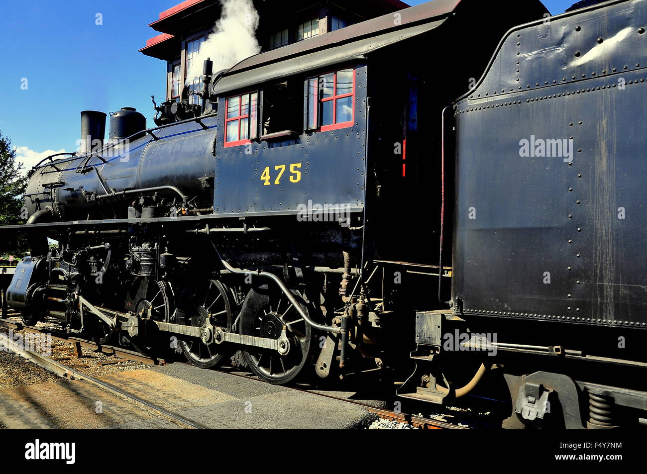Strasburg, Pennsylvania:  A vintage steam locomotive belching smoke at the Strasburg Railroad Stock Photo