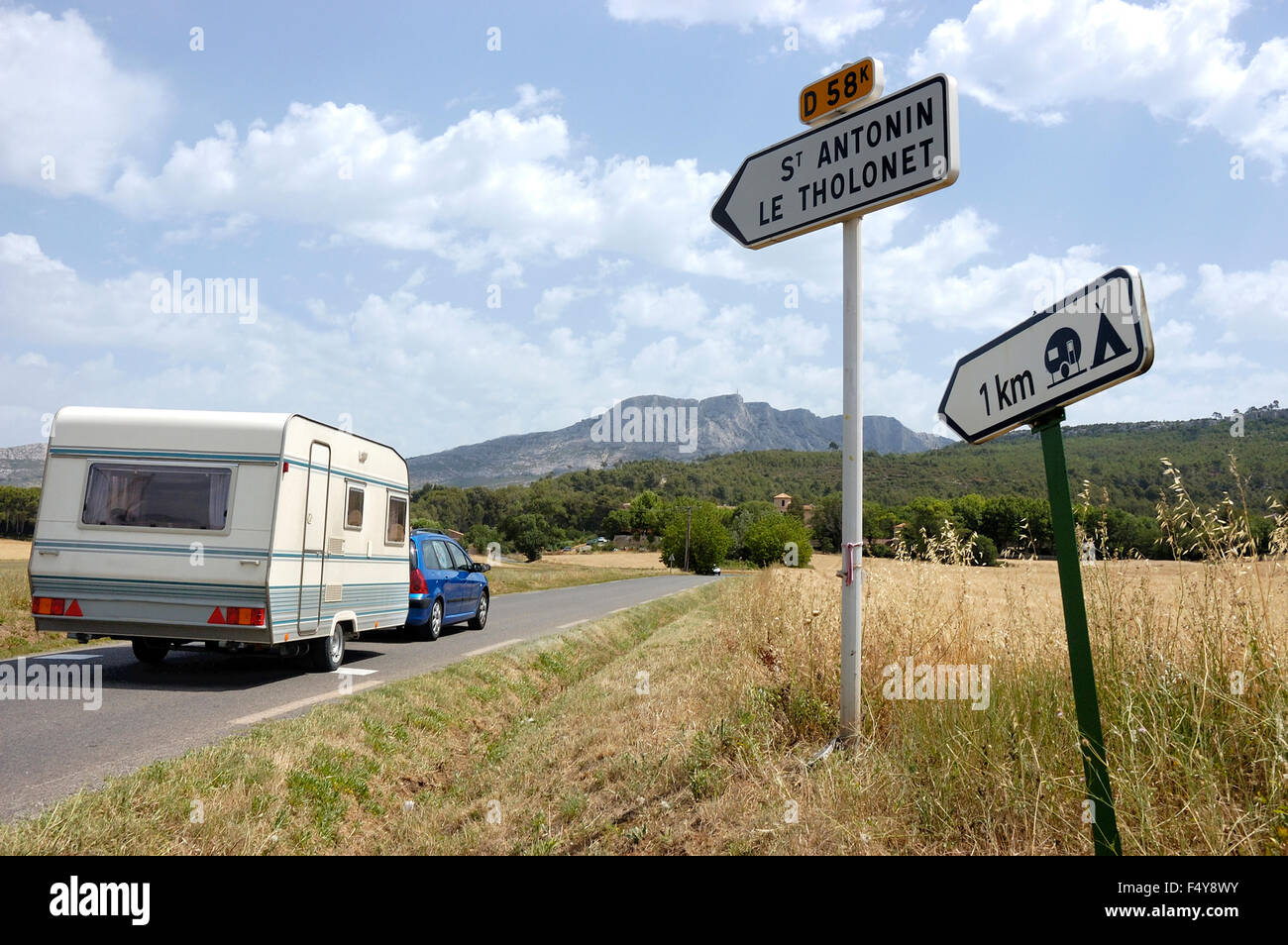 Caravan on its way to a camping in the south of France Stock Photo
