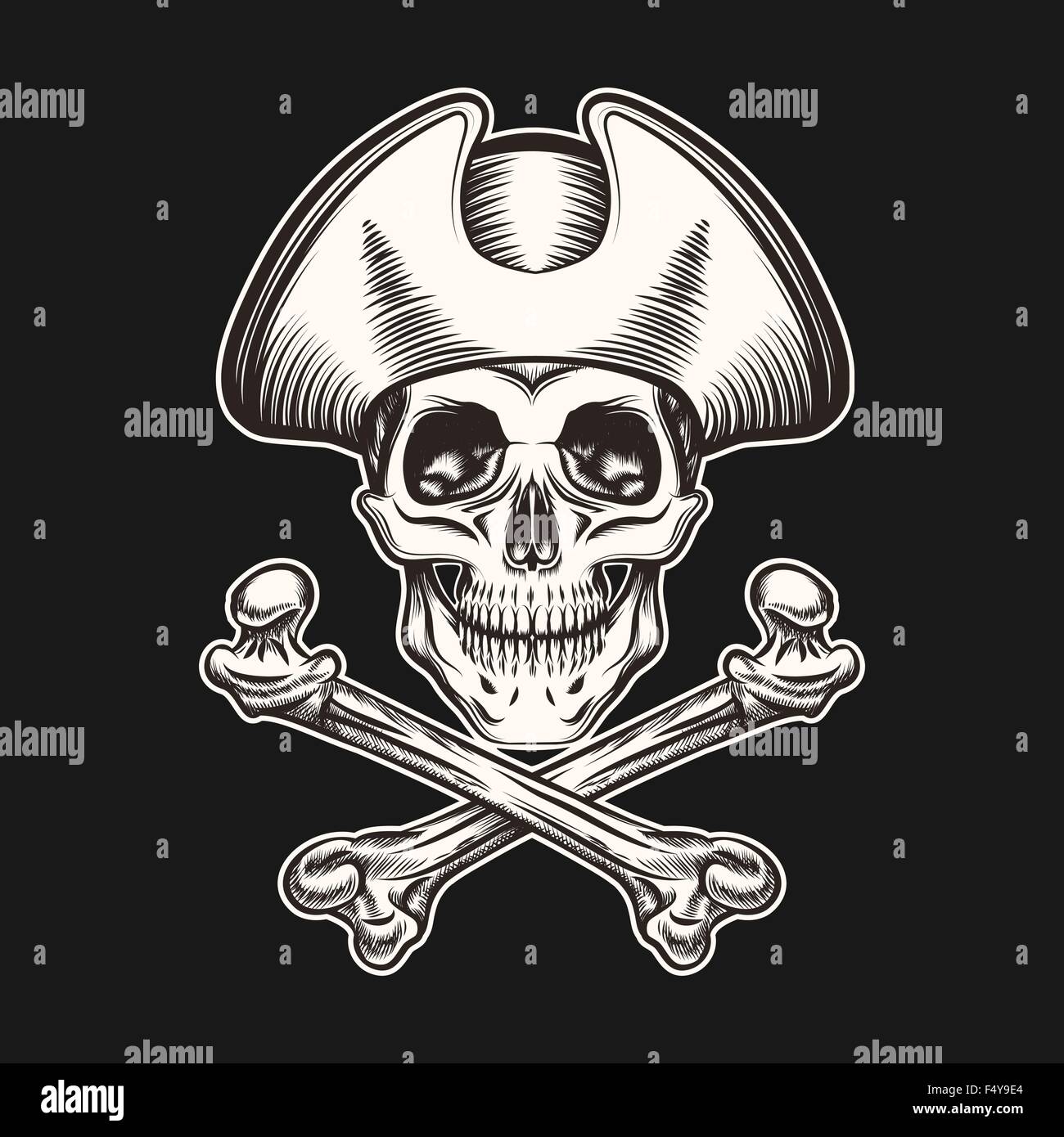 Skull in pirate hat and crossbones.Illustration in Tattoo style. Isolated on Black. Stock Vector