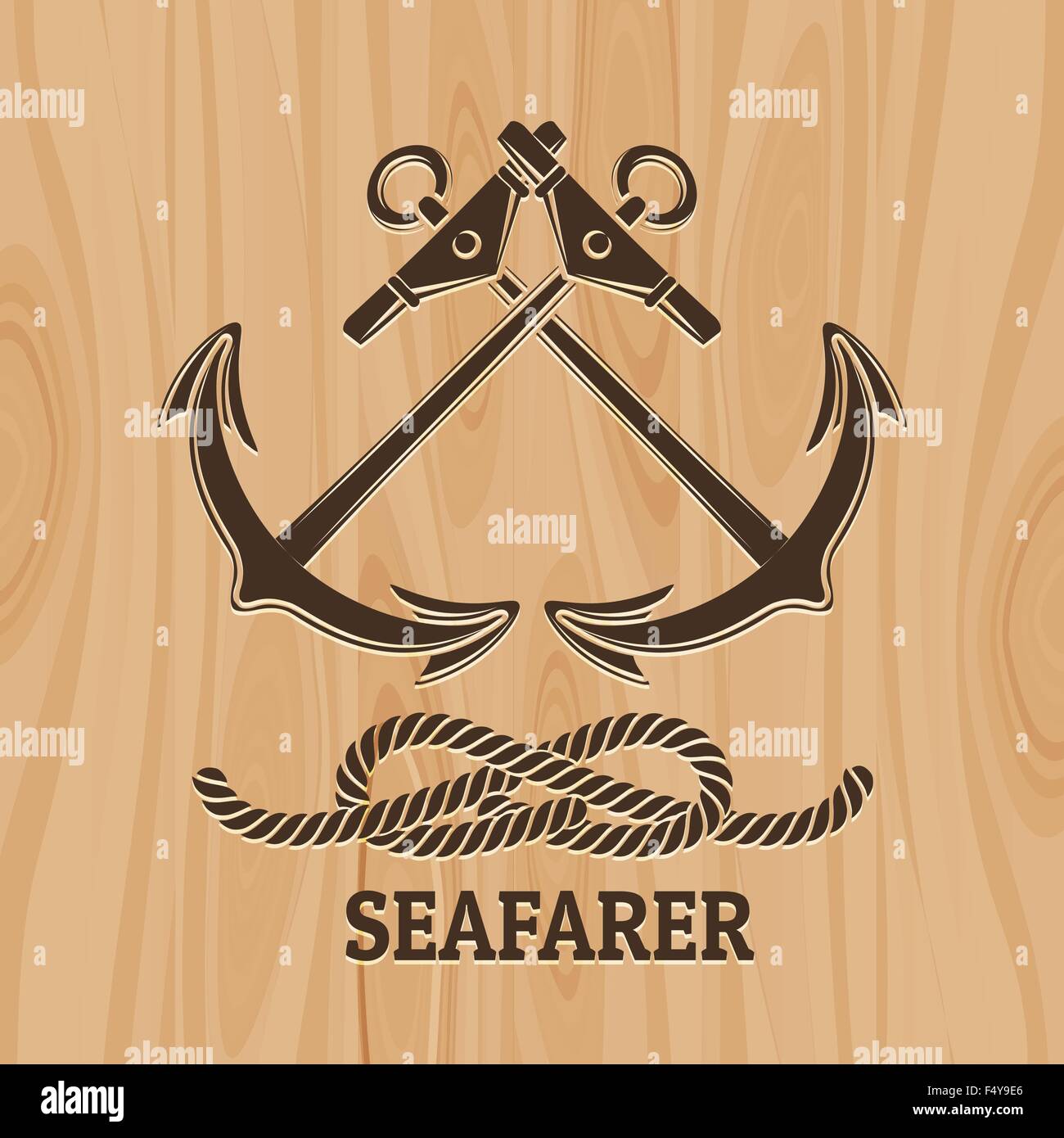 Crossed Anchor and Rope Knot. Nautical emblem with lettering Seafarer. Illustration in spirographic style. Free Font used. Stock Vector