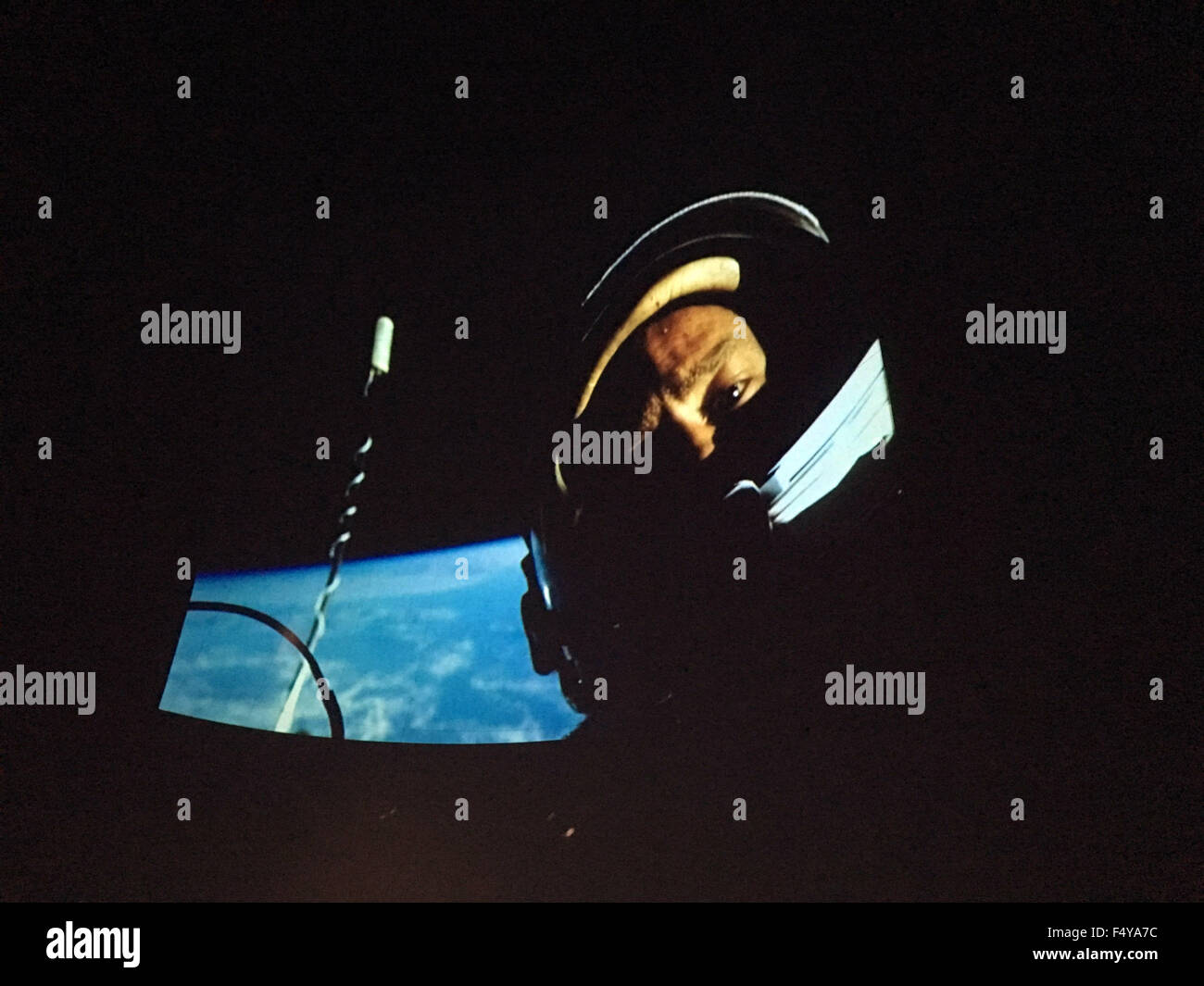 Garden City, New York, USA. 23rd Oct, 2015. This first Selfie taken in Space, with Earth in background, was taken during 1966 Gemini 12 flight by Buzz Aldrin during the first successful space walk, explains former NASA astronaut Edwin BUZZ ALDRIN during his conversation with his Mission Director, Christina Korp. Aldrin discussed his early life, his experiences in space and his new Children's Middle Grade book Welcome to Mars: Making a Home on the Red Planet. Photo was projected on dome of the jetBlue Sky Theater Planetarium at Long Island's Cradle of Aviation Museum. On the 1969 Ap Stock Photo