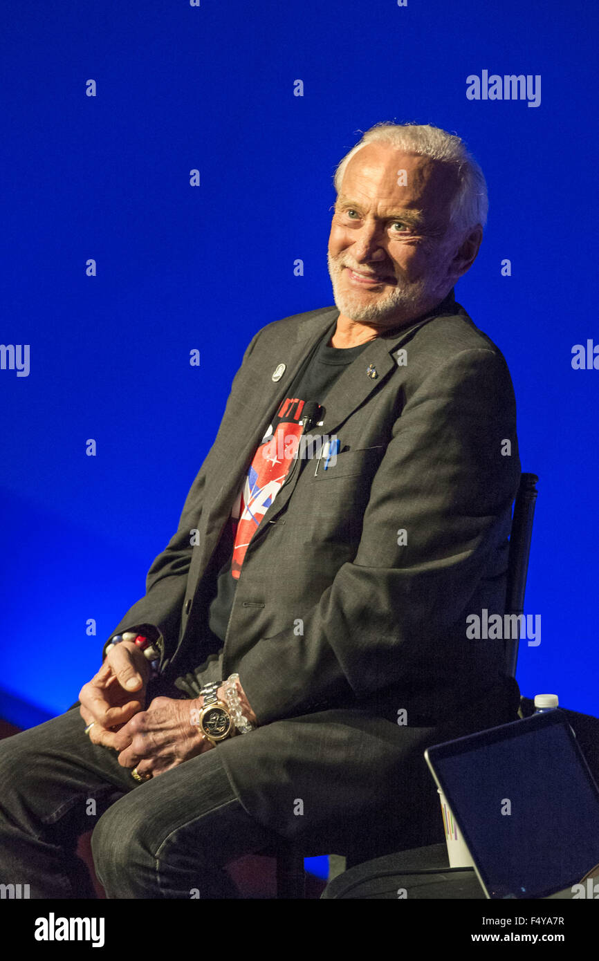 Garden City, New York, USA. 23rd Oct, 2015. Former NASA astronaut Edwin BUZZ ALDRIN has a conversation about his experiences in space and his new Children's Middle Grade book Welcome to Mars: Making a Home on the Red Planet. After the talk at the jetBlue Sky Theater Planetarium at Long Island's Cradle of Aviation Museum, Aldrin signed copies of his new book. On the 1969 Apollo 11 mission, Buzz Aldrin was the second person ever to walk on the Moon, and his first trip to space was the 1966 Gemini 12. © Ann Parry/ZUMA Wire/Alamy Live News Stock Photo