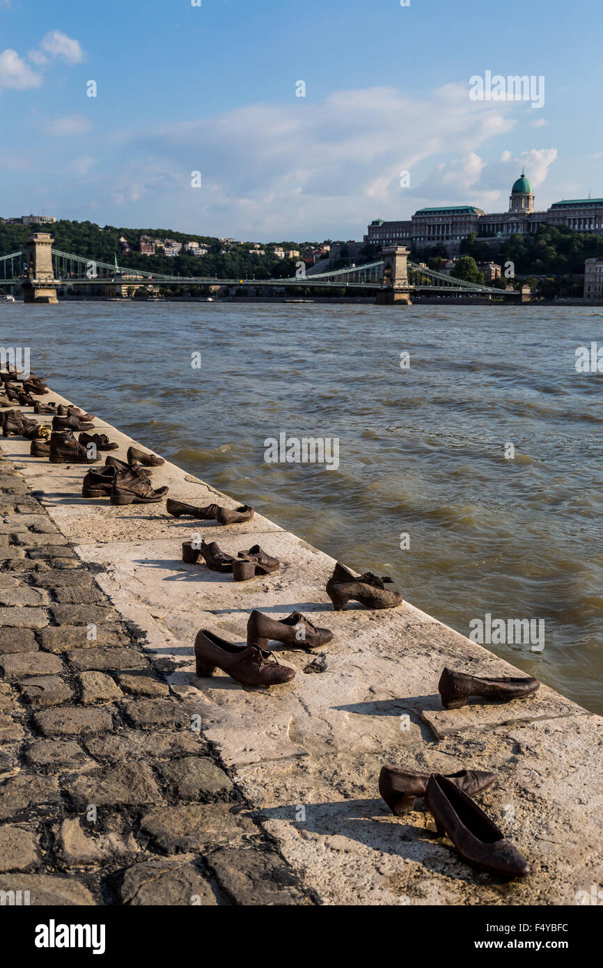 Shoes symbolizing the massacre of people shot at the river Danube in Budapest Stock Photo