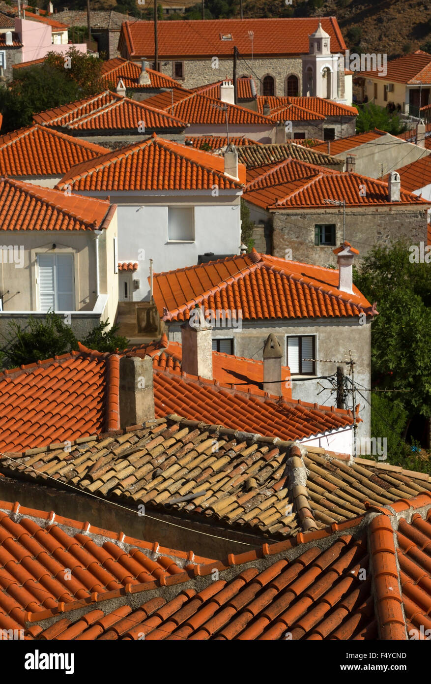 Partial view of the traditional village of Agra, in the island of Lesvos, in Greece. Stock Photo