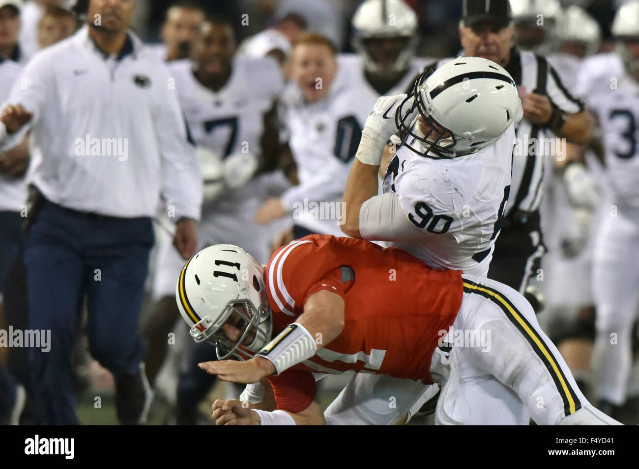 Baltimore, Maryland, USA. 24th Oct, 2015. Penn State Nittany Lions defensive end GARRETT SICKLES (90) is tackled by Maryland Terrapins quarterback PERRY HILLS (11) during the Big 10 conference football game at M&T Bank Stadium in Baltimore, MD. Penn State won 31-30. © Ken Inness/ZUMA Wire/Alamy Live News Stock Photo