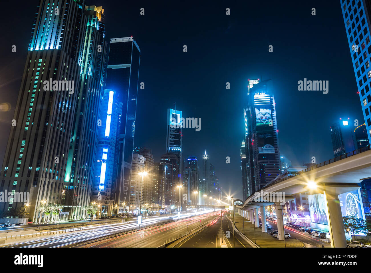 DUBAI, UAE - JANUARY 10: View of Sheikh Zayed Road skyscrapers in Dubai, UAE on JANUARY 10, 2013. More than 25 skyscrapers can b Stock Photo