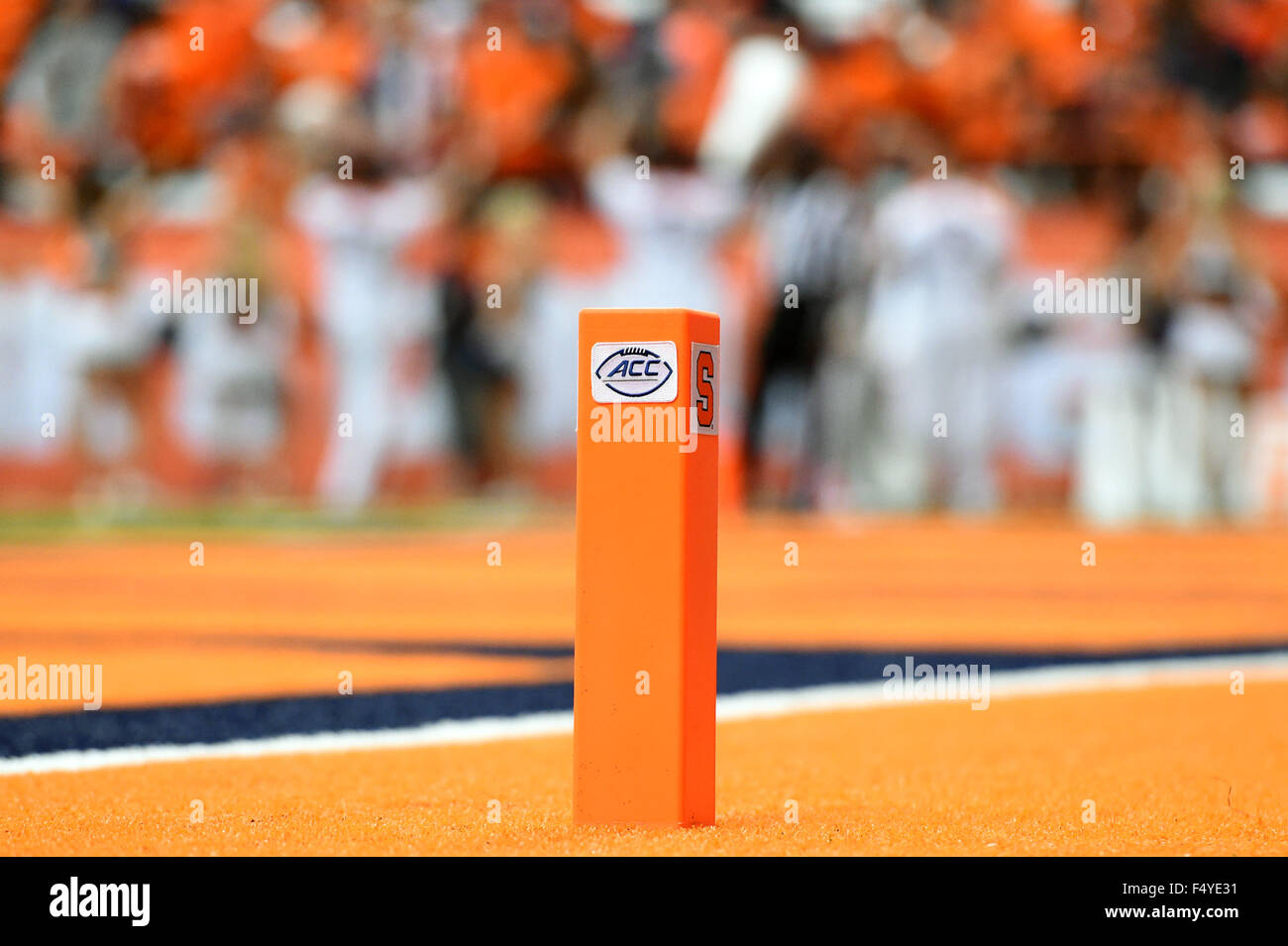 Syracuse, New York, USA. 24th Oct, 2015. General view of an end zone marker with the Atlantic Coast Conference logo during the fourth quarter of an NCAA football game between the Pittsburgh Panthers and the Syracuse Orange on Saturday, October 24, 2015, at the Carrier Dome in Syracuse, New York. Pittsburgh won the game 23-20. Rich Barnes/CSM/Alamy Live News Stock Photo