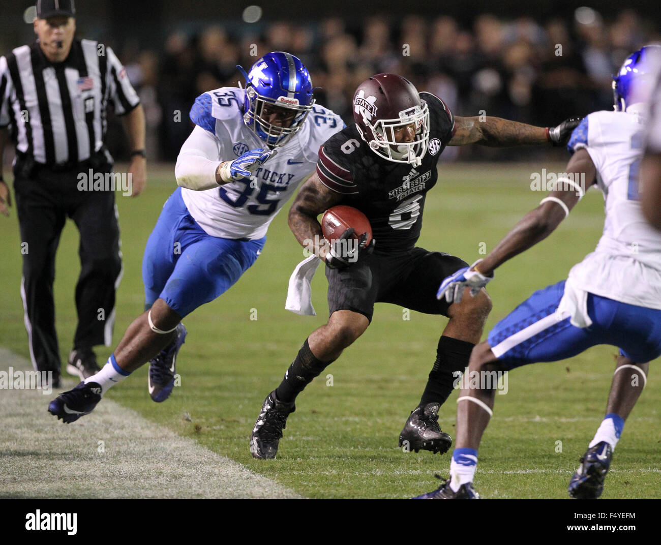 Starkville, MS, USA. 24th Oct, 2015. Mississippi State WR, Donald Gray (6) is pushed out of bounds by Kentucky LB, Denzil Ware (35) during the NCAA Football game between the Mississippi State Bulldogs and the Kentucky Wildcats at Davis Wade Stadium in Starkville, MS. Chuck Lick/CSM/Alamy Live News Stock Photo