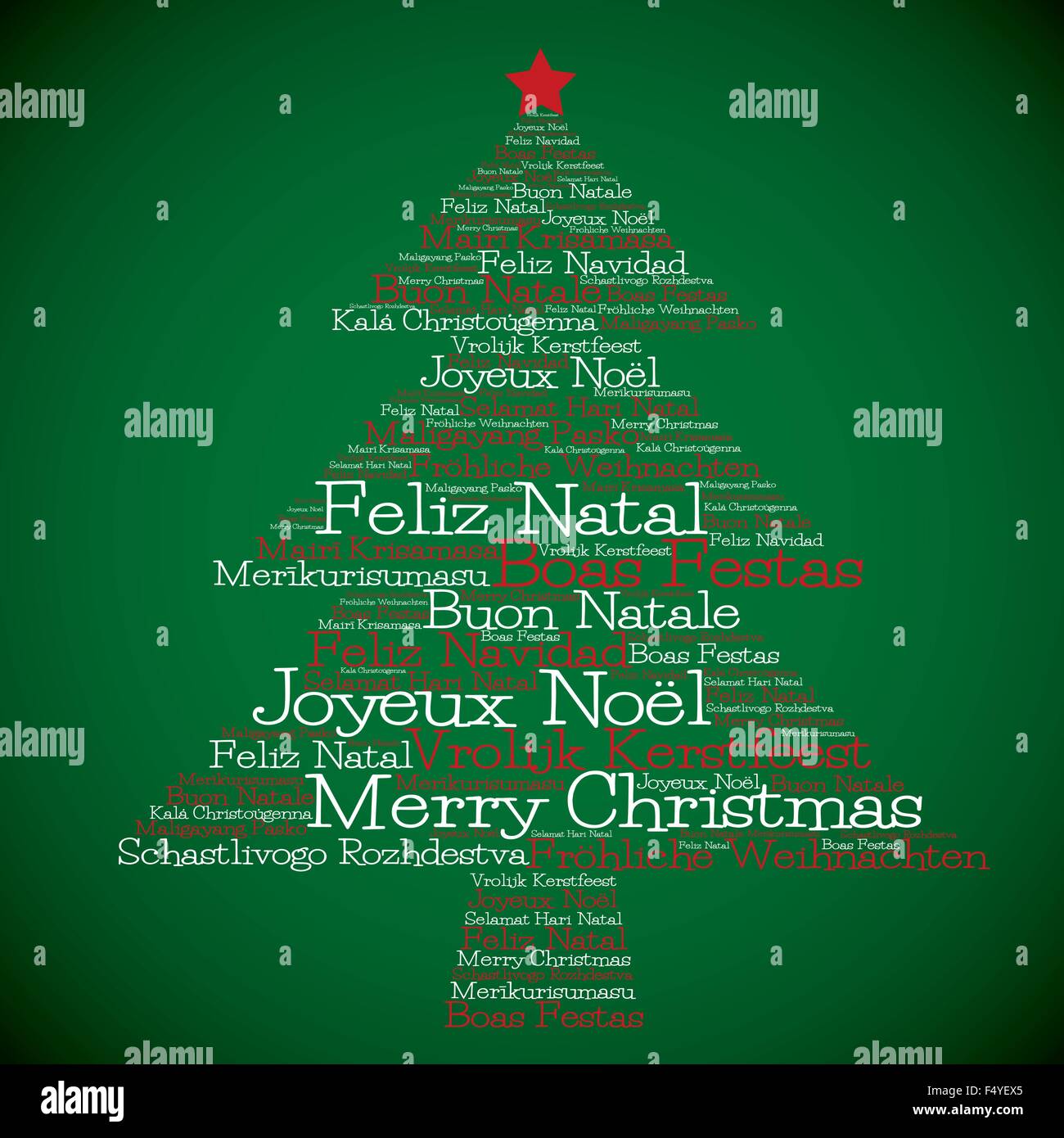 Christmas tree made from 'Merry Christmas' in different languages in vector format. Stock Vector