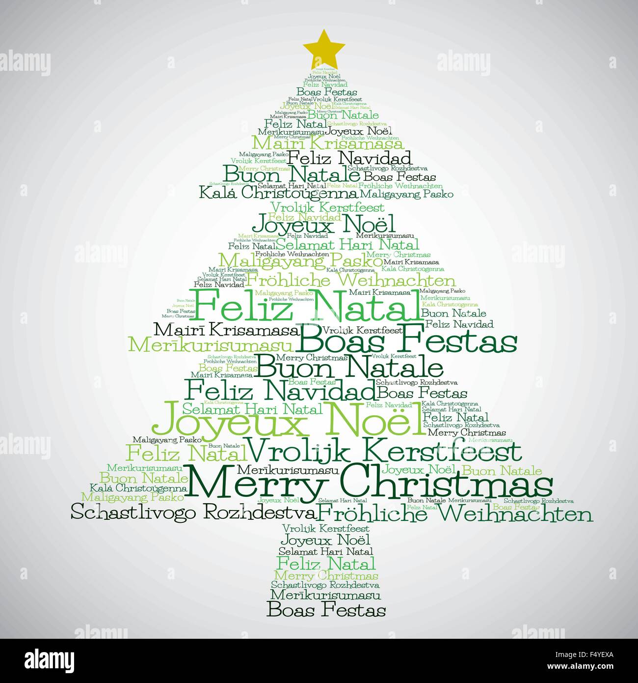 Christmas tree made from "Merry Christmas" in different languages in vector format Stock Vector