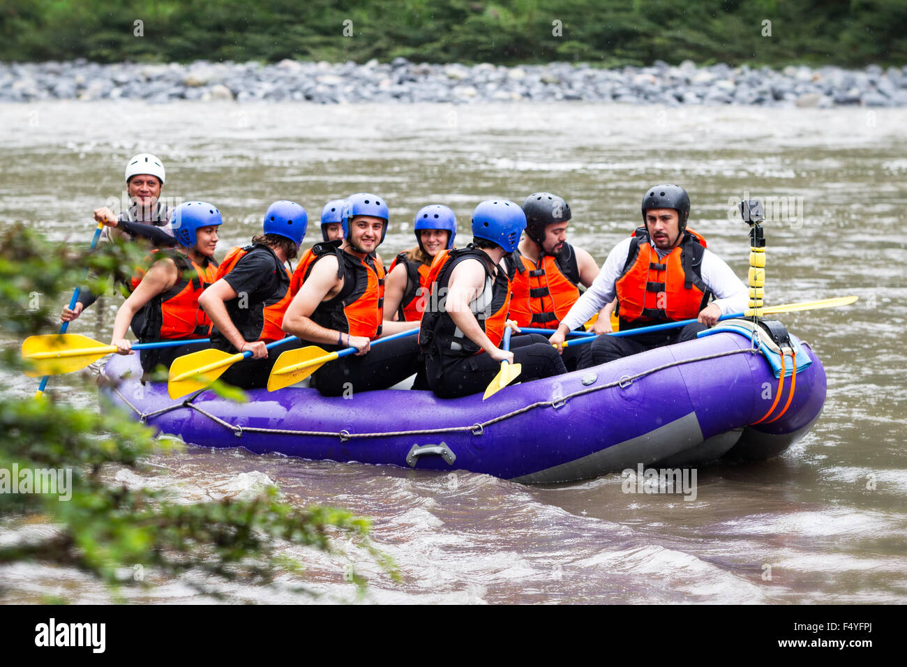 Group Of Tourists Getting Ready For A Whitewater Rafting Trip On Pastaza River Stock Photo