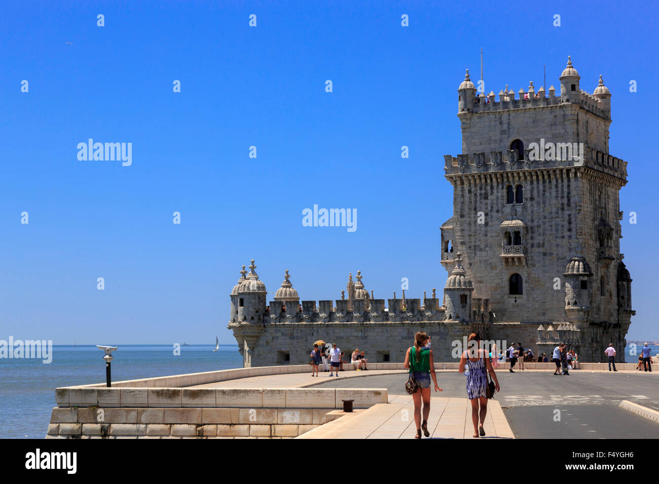 Belem Tower (Torre de Belem) also known as Tower of Saint Vincent with a cleat blue sky backdrop Lisbon Portugal Stock Photo