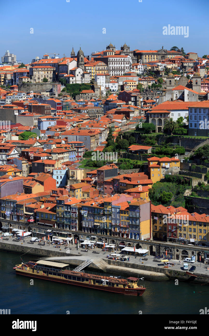 View over Porto from the south side of the river to the Cais da Ribeira up to the top of the town Portugal Stock Photo