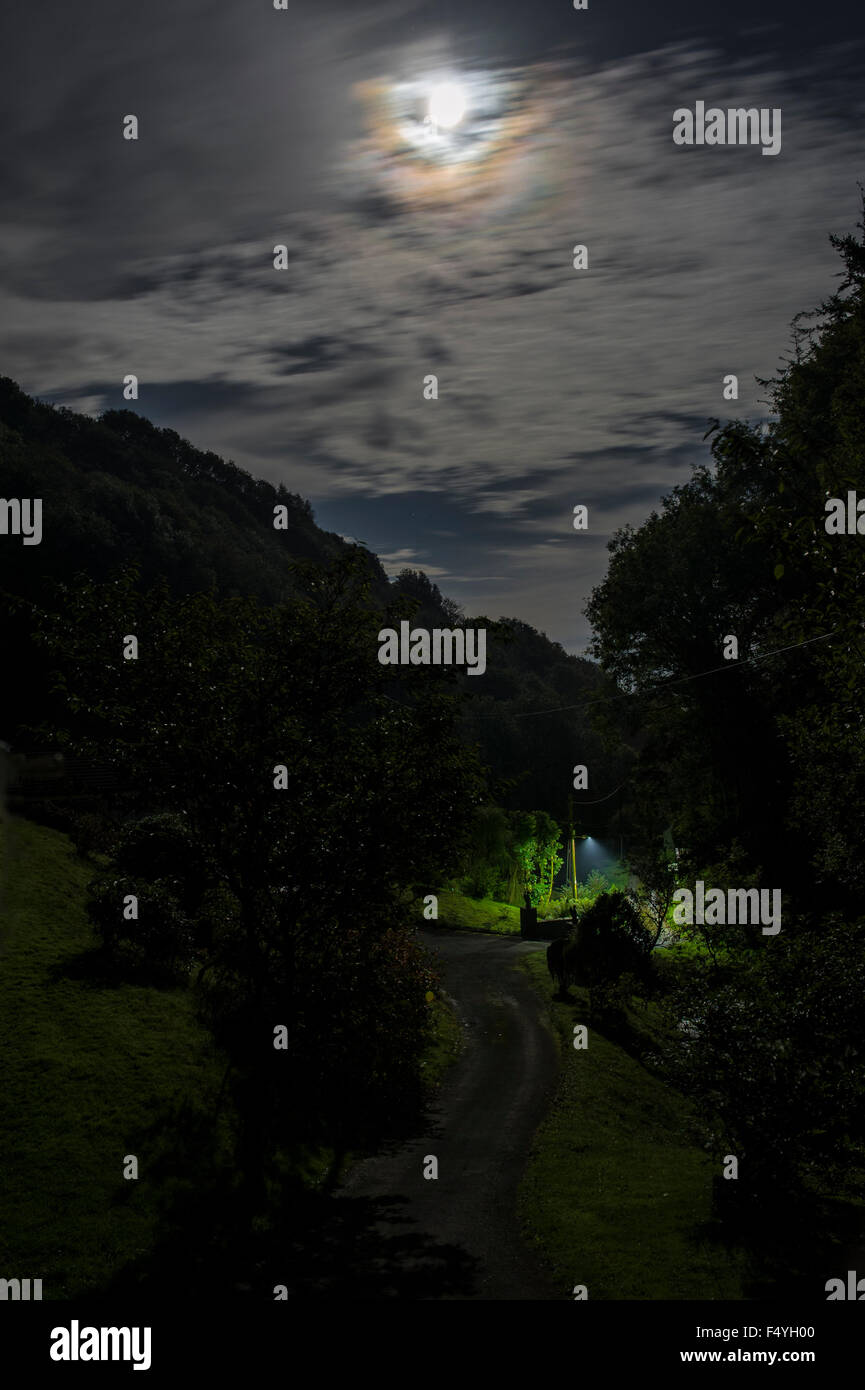 Moonlit country lane with a single light illuminating an entrance.Nightime dark and gloomy. Stock Photo