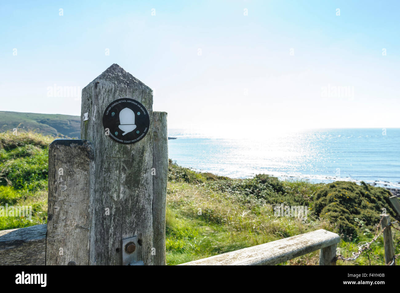 Signpost for the Pembrokeshire coast path. National park footpath sign.Trail. Stock Photo