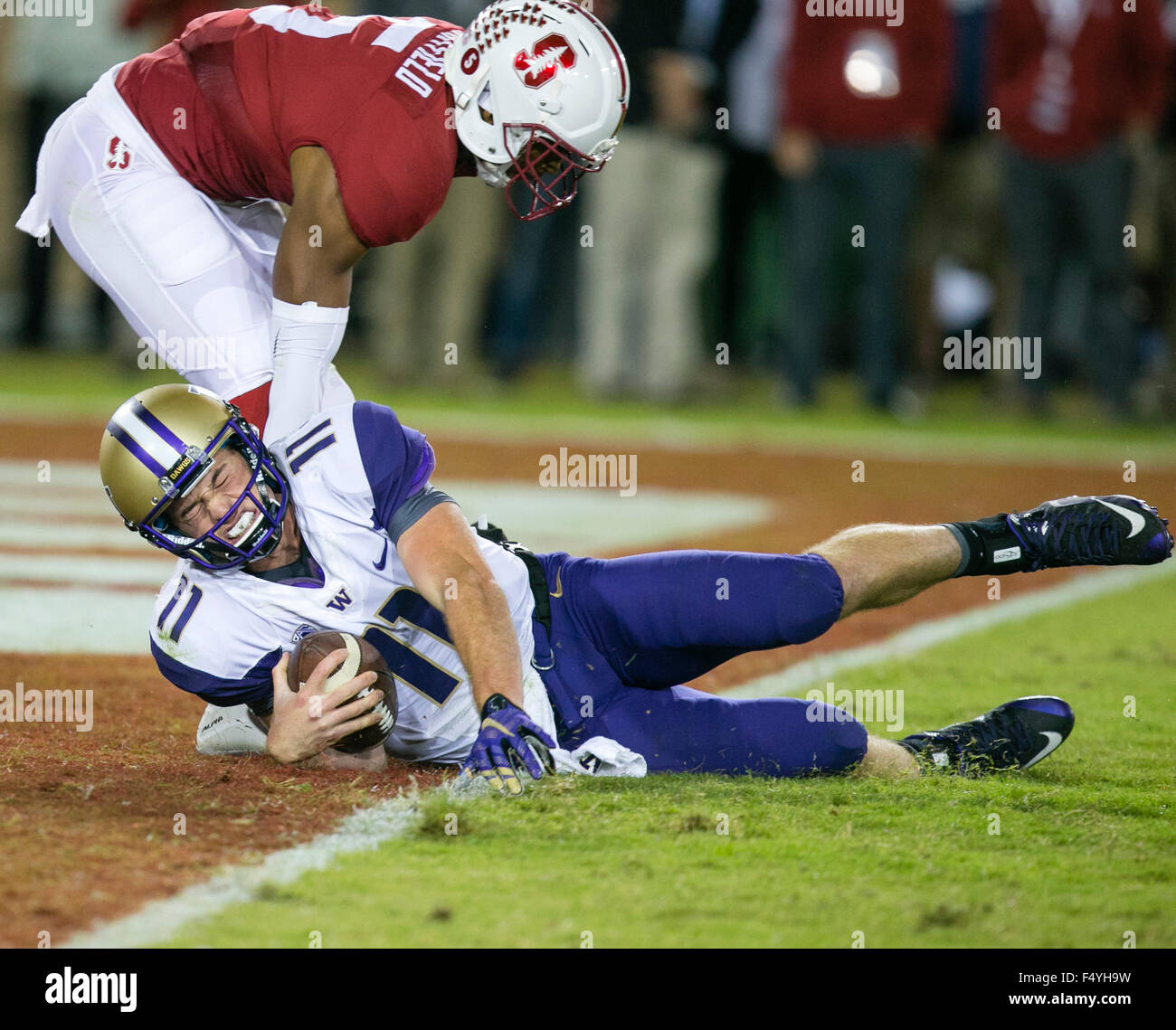 Palo Alto, CA. 24th Oct, 2015. Washington Huskies quarterback K.J. Carta-Samuels (11) dives into the end zone for a touchdown during the NCAA Football game between the Stanford Cardinal and the Washington Huskies at Stanford Stadium in Palo Alto, CA. Stanford defeated Washington 31-14. Damon Tarver/Cal Sport Media/Alamy Live News Stock Photo