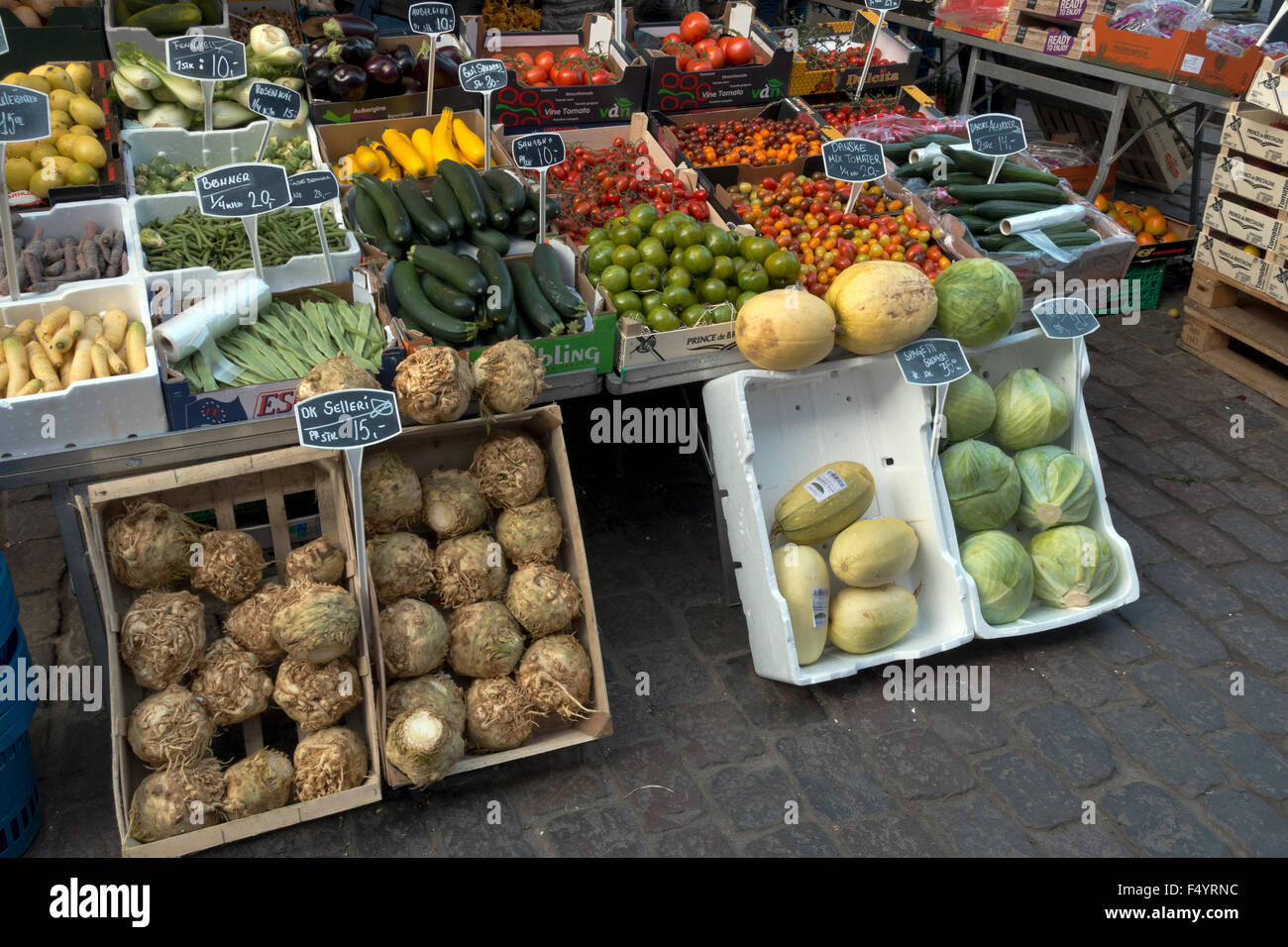 Outside vegetable stall at Torvehallerne, the covered food market in Copenhagen. Stock Photo