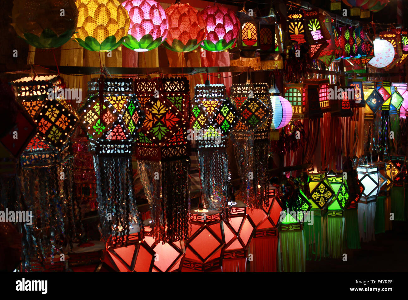 A streetside shop in India displaying different traditional and modern sky lanterns to be used traditionally for Diwali festival Stock Photo