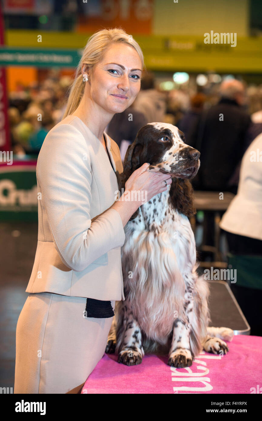 Crufts dog show at the NEC, Birmingham UK - Vibe Madsen from Denmark with her English Springer Spaniel Stock Photo