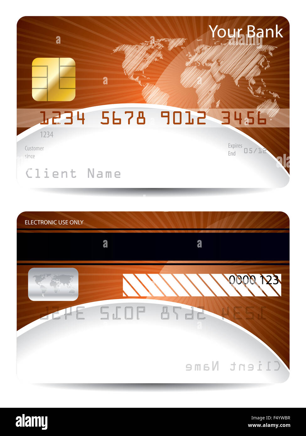 Credit card template in orange white with bursting world map Stock Photo