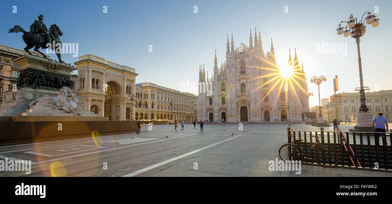 View of Duomo at sunrise, Milan, Europe. Stock Photo