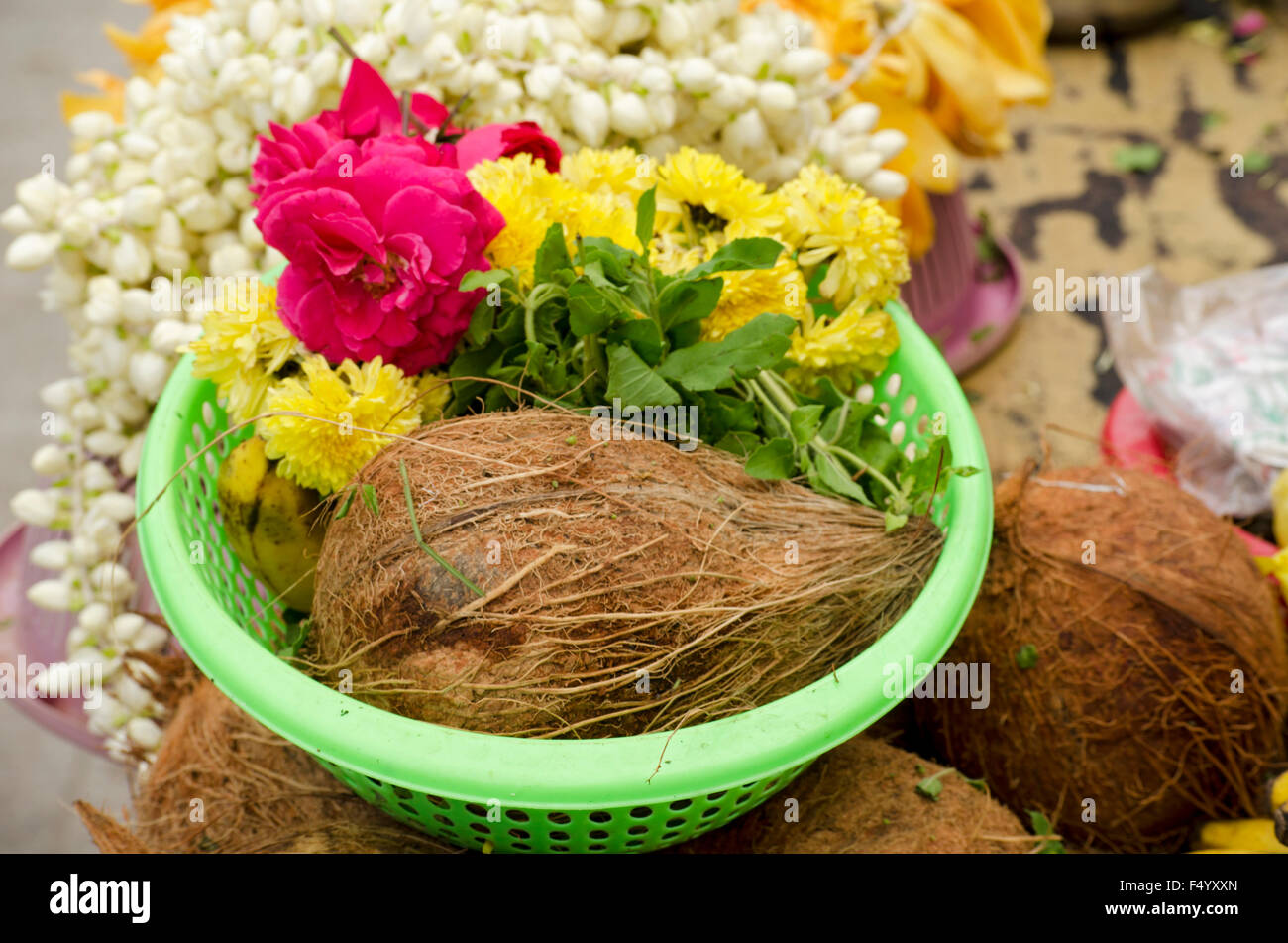 Offerings for a prayer in Parthasarathy temple, Chennai, Tamil Nadu, India, Asia Stock Photo