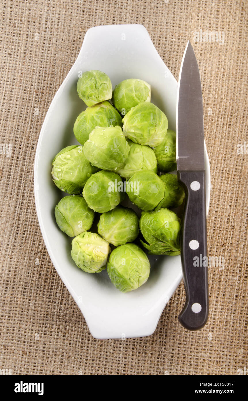 cleaned brussels sprout and knife in a white bowl Stock Photo