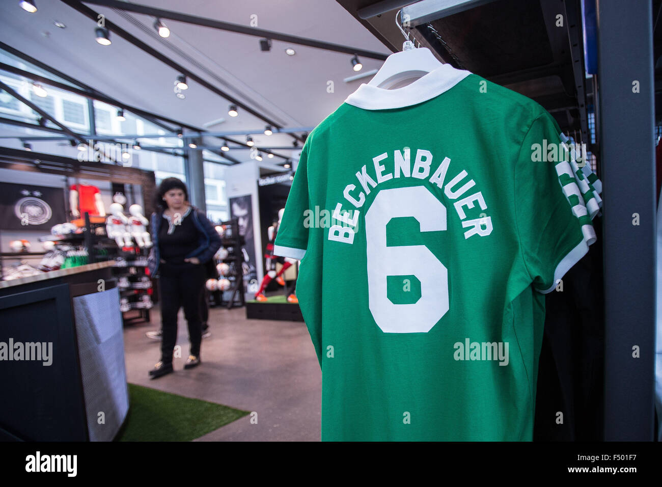 Dortmund, Germany. 25th Oct, 2015. A Beckenbauer shirt in the Adidas Store  at the newly opened Deutsches Fussballmuseum (German Football Museum) in  Dortmund, Germany, 25 October 2015. PHOTO: MAJA HITIJ/DPA/Alamy Live News