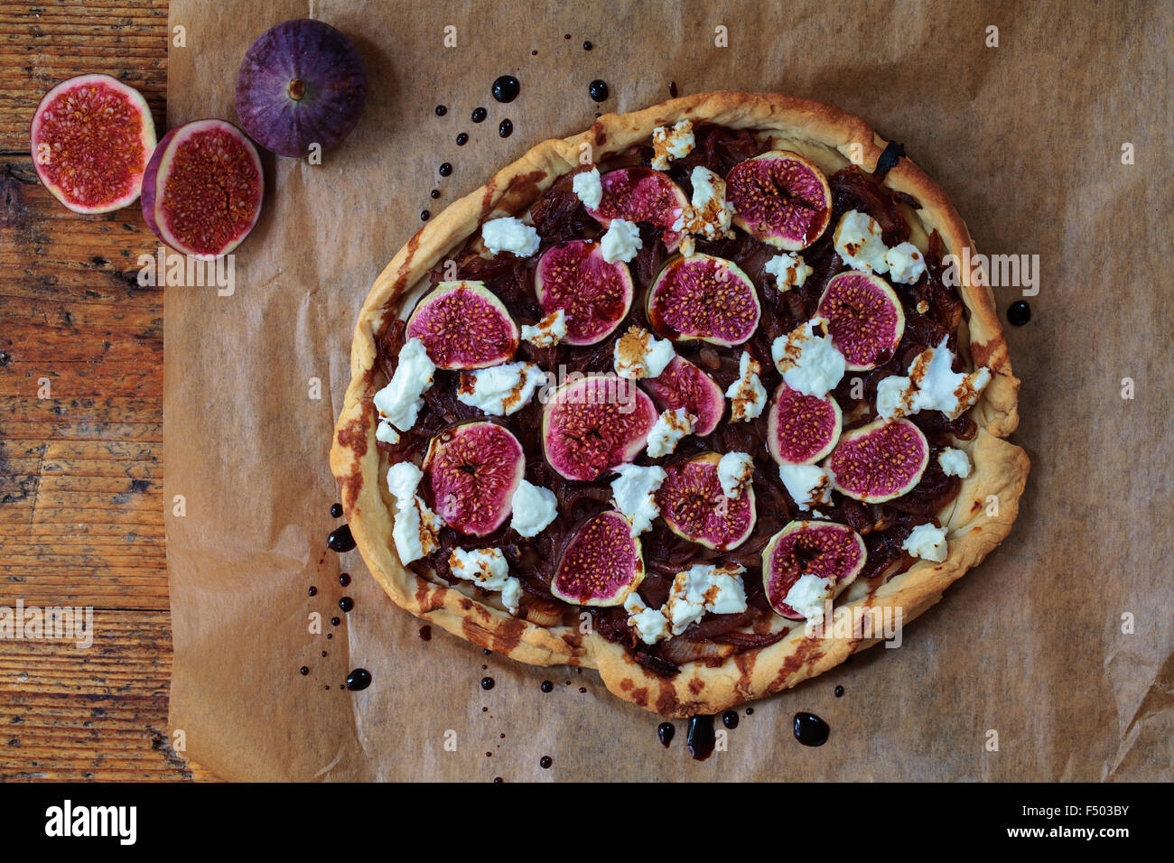 Figs, caramelized onions and goat cheese tart Stock Photo