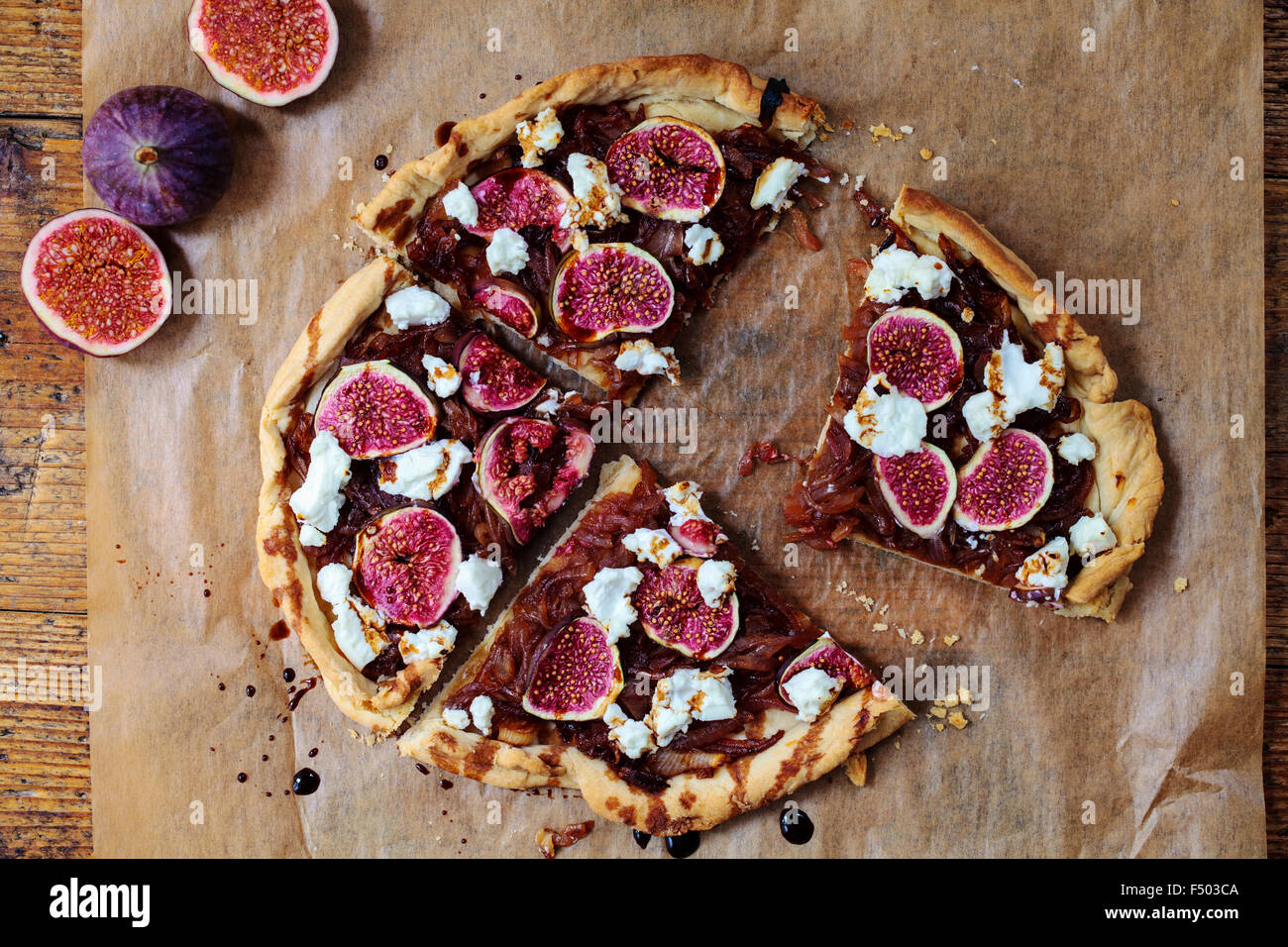 Figs, caramelized onions and goat cheese tart Stock Photo