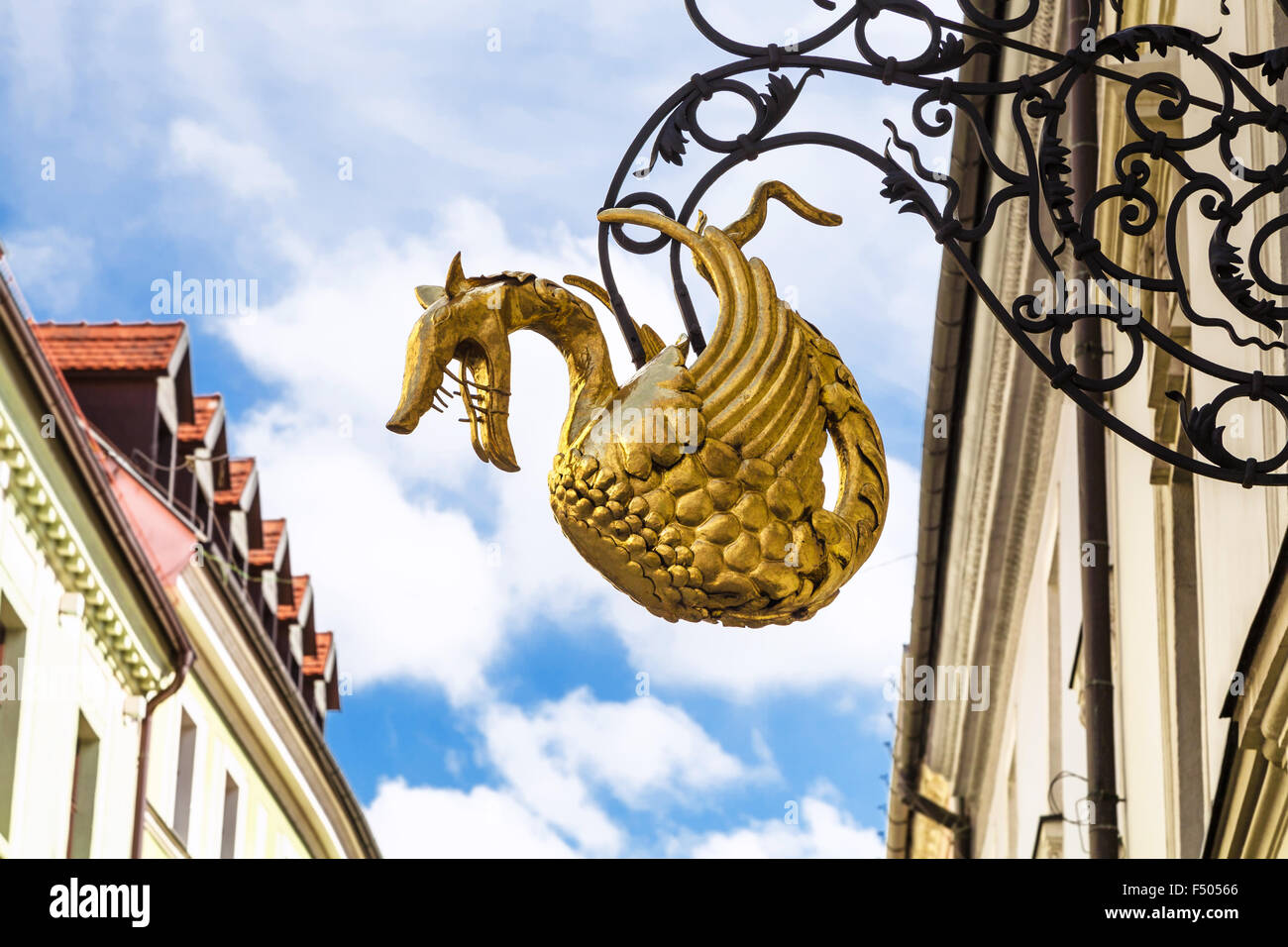 travel to Bratislava city - dragon sign figure on street in old town of Bratislava Stock Photo