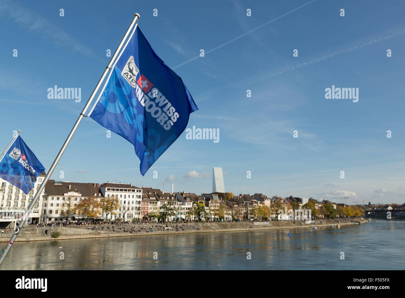 Basel, Switzerland. 25th Oct, 2015. Some flags hanging from the bridge on the Rhine River in