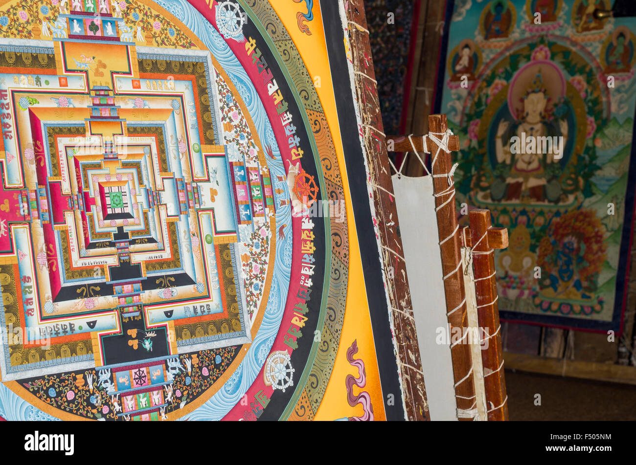 Kalachakra Mandala painted in one of the art schools near Boudnath Stupa Stock Photo