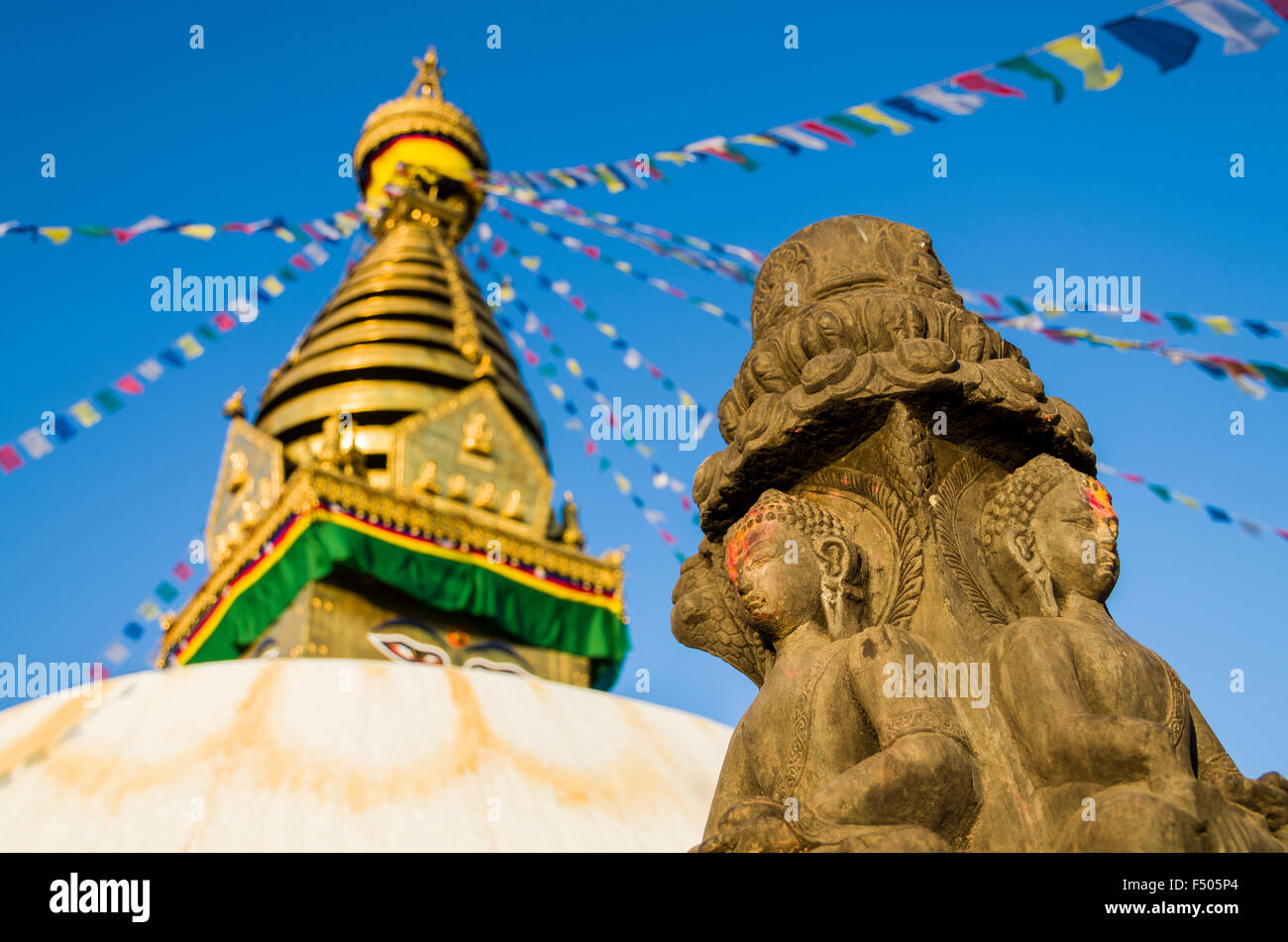 Detail of Swayambhunath Stupa, the Monkey Temple, high above Kathmandu city Stock Photo
