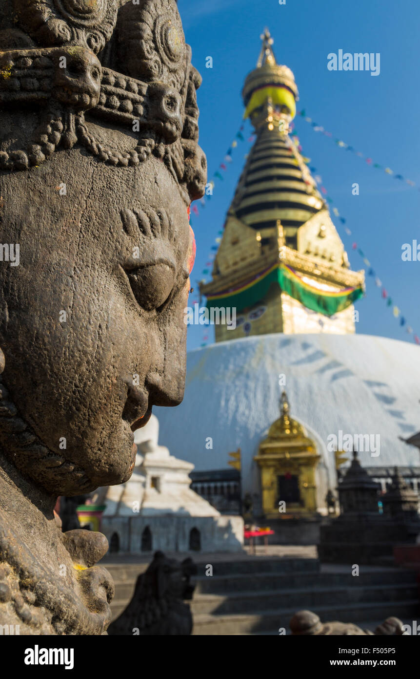 Detail of Swayambhunath Stupa, the Monkey Temple, high above Kathmandu city Stock Photo