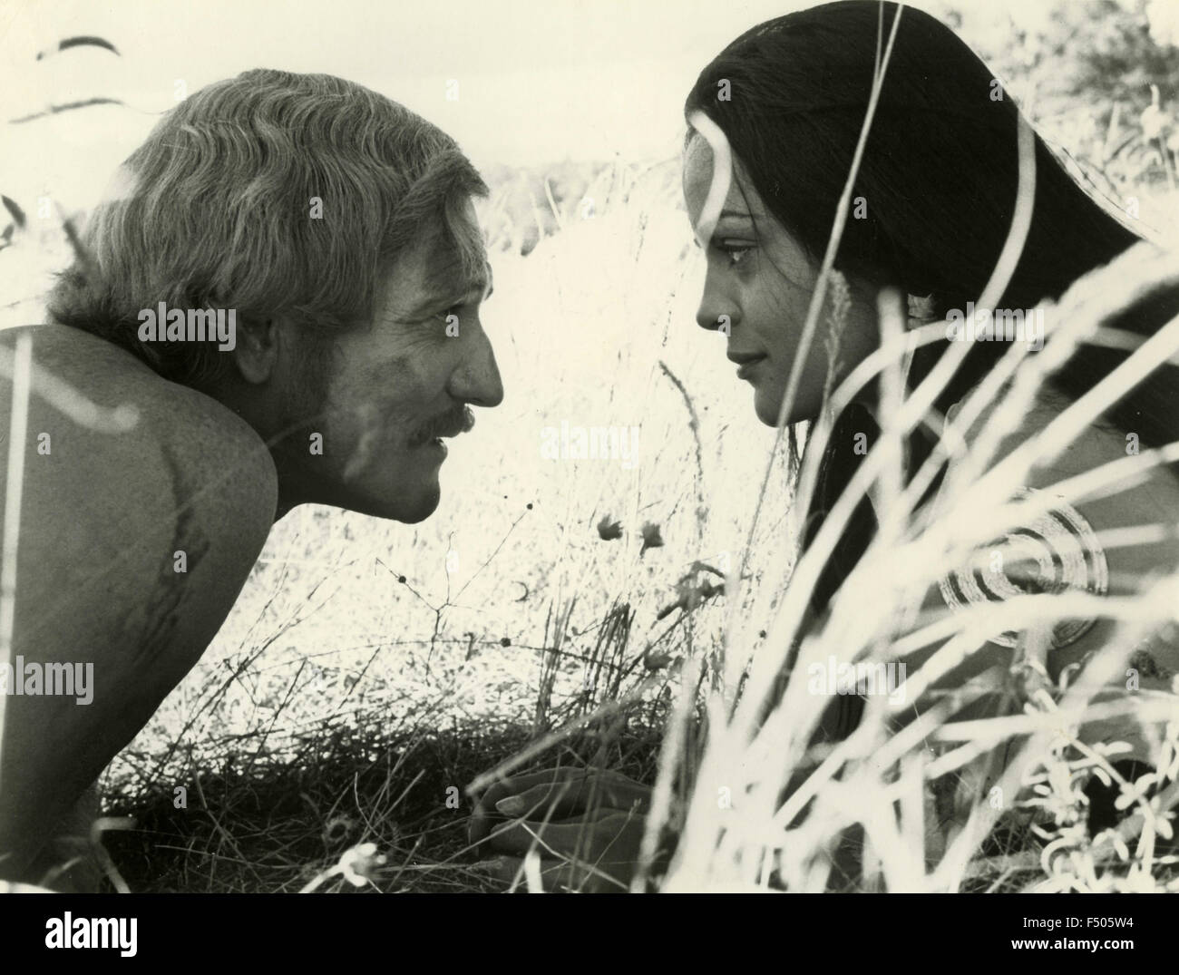 The actors Richard Harris and Manu Tupou in a fall of the film 'A Man Called Horse', USA Stock Photo