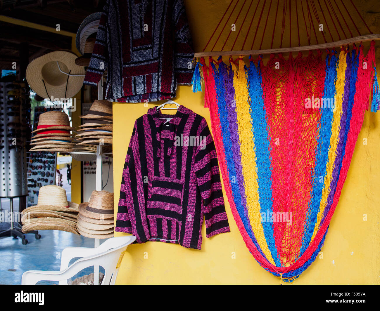 Colorful fabrics at a souvenir shop in Tulum, Mexico on the Yucatan peninsula Stock Photo