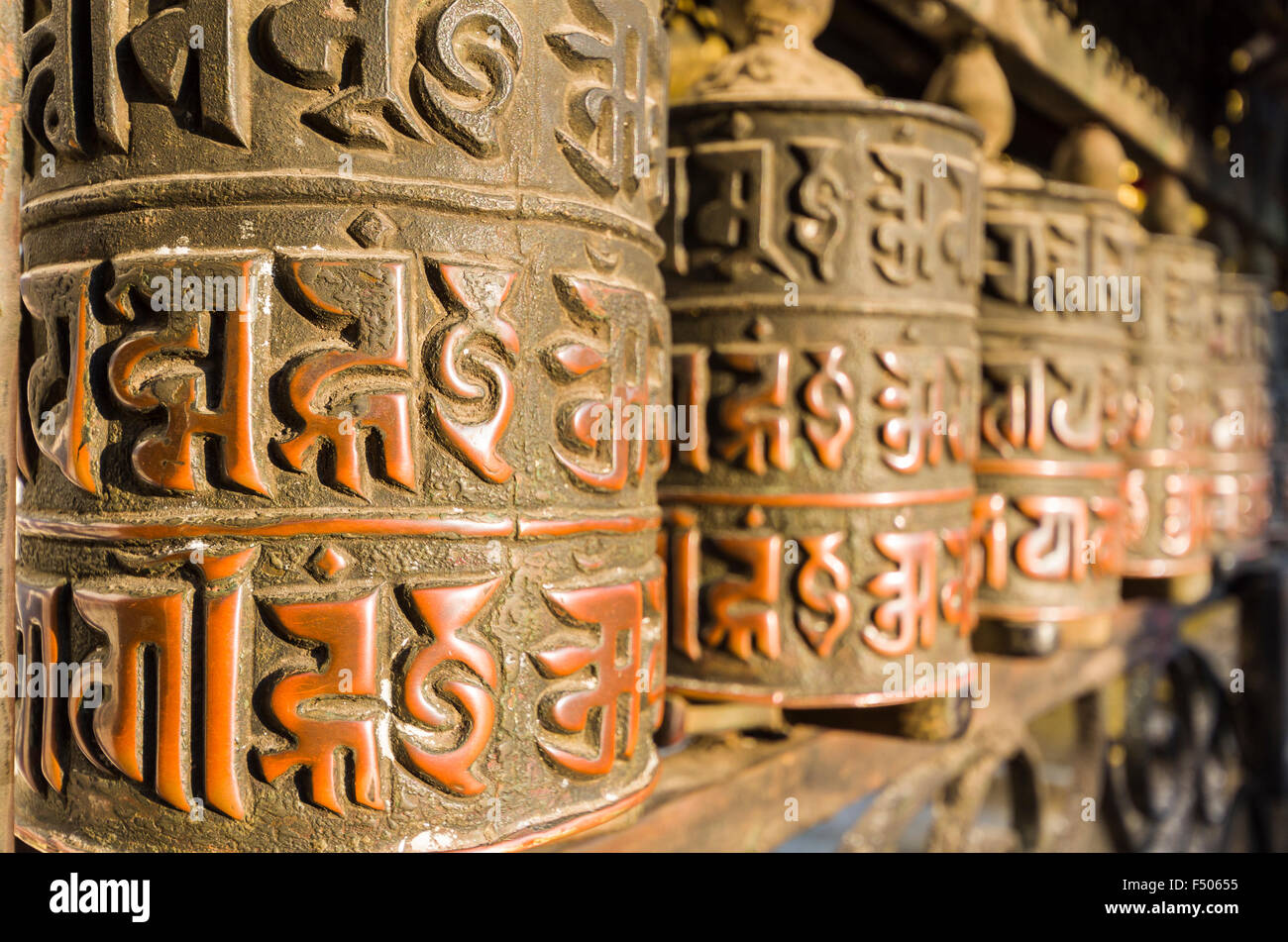 Buddhist prayer wheels at Swayambhunath Stupa, the Monkey Temple Stock ...