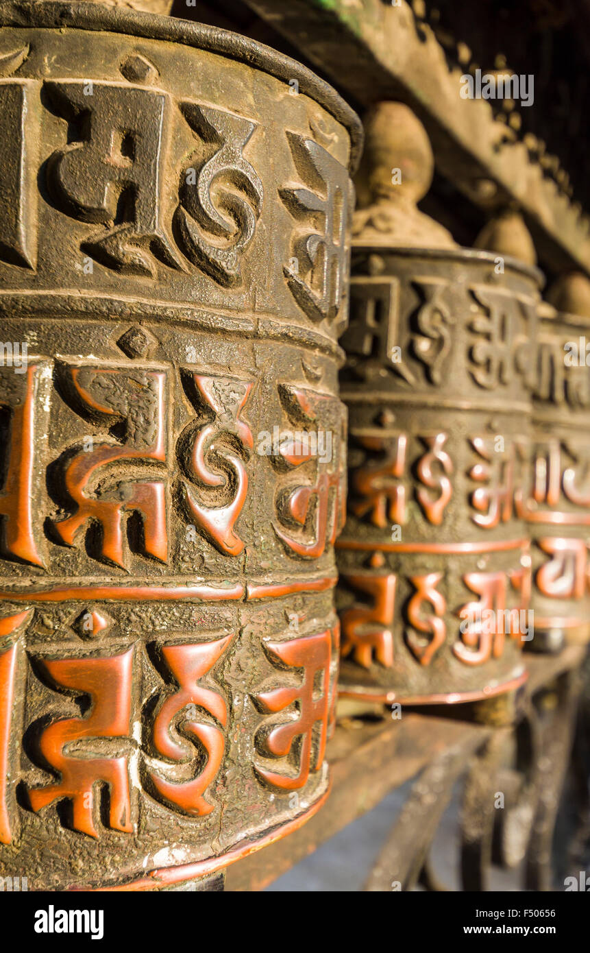 Buddhist prayer wheels at Swayambhunath Stupa, the Monkey Temple Stock ...
