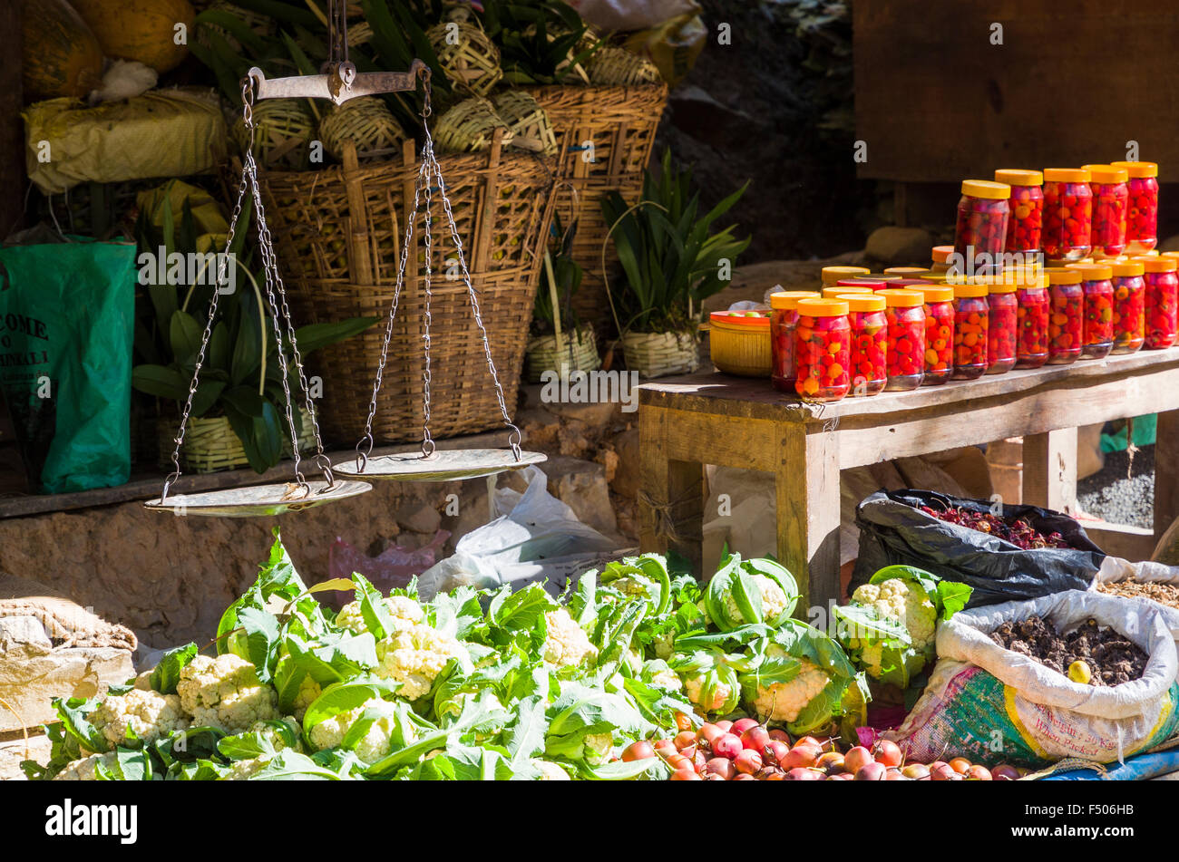 Scale at a foodmarket along a small street Stock Photo