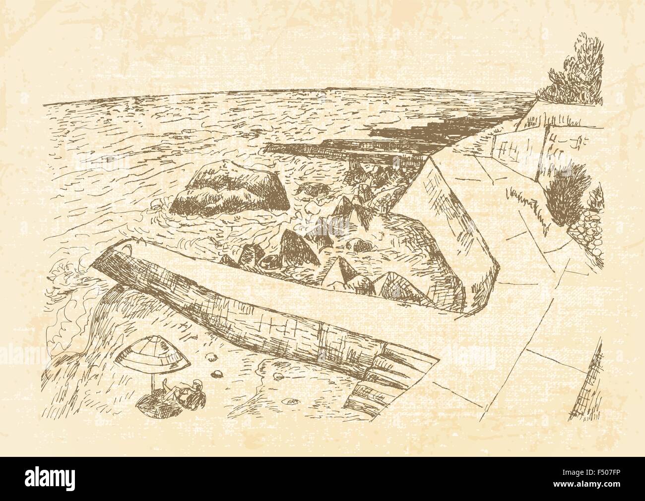 Sea coast with piers and rocky shore in the Crimea. Monochrome freehand ink drawing sketch with canvas backdrop Stock Vector