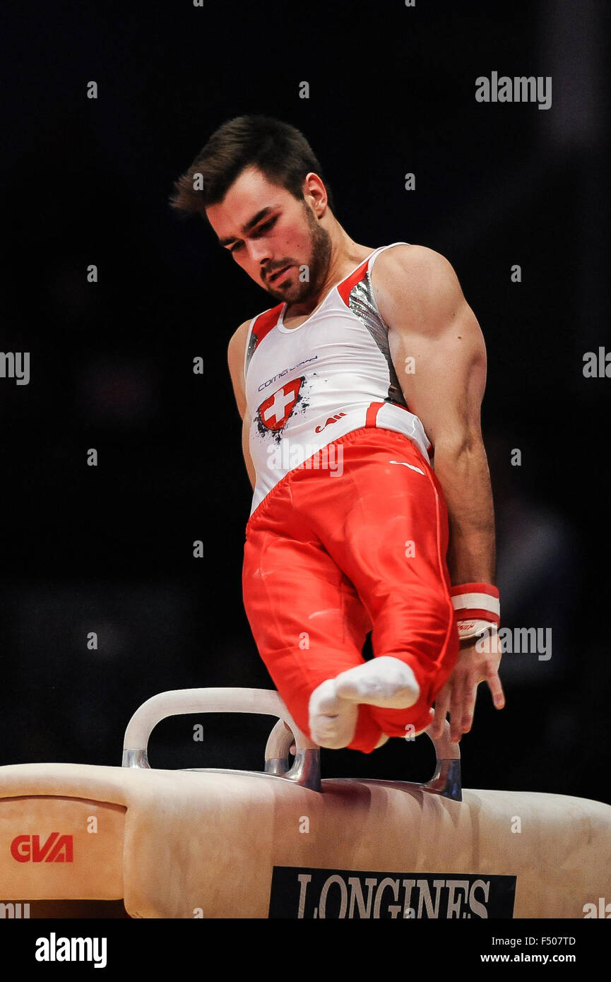 OLIVER HEGI from Switzerland competes on the pommel horse during the preliminary round of the 2015 World Gymnastics Championships held in Glasgow, UK. 25th Oct, 2015. Credit:  Amy Sanderson/ZUMA Wire/Alamy Live News Stock Photo