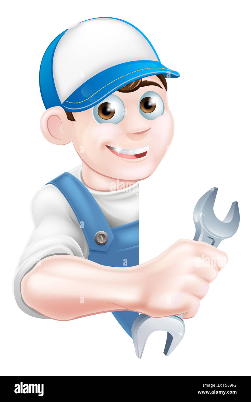 Cartoon plumber or auto repair mechanic service handyman worker man holding a spanner or wrench Stock Photo