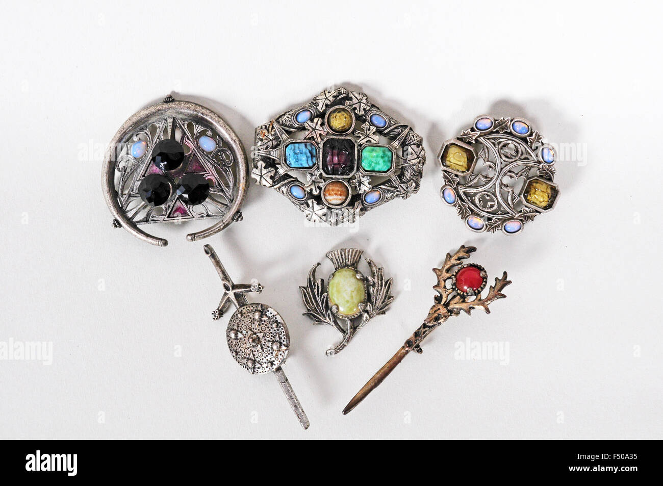 Celtic jewellery. Brooches. Kilt pins. Stock Photo