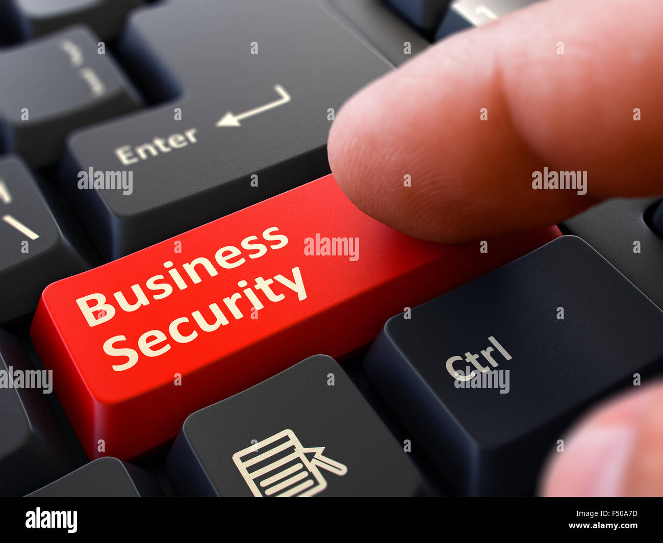 Finger Presses Red Keyboard Button Business Security. Stock Photo