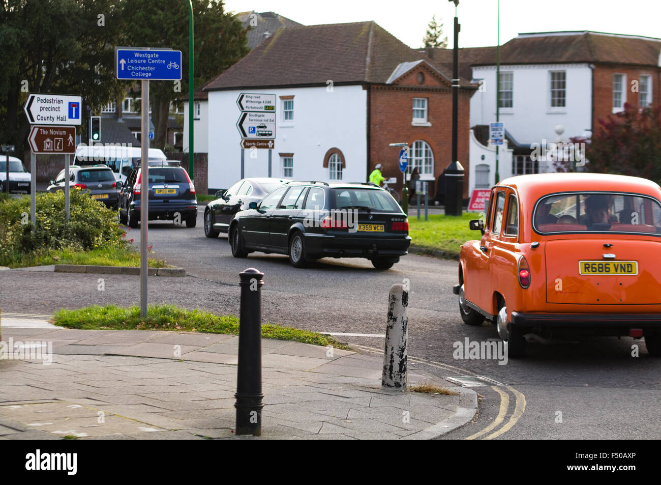 Busy roads filled with traffic in Chichester, West Sussex, England