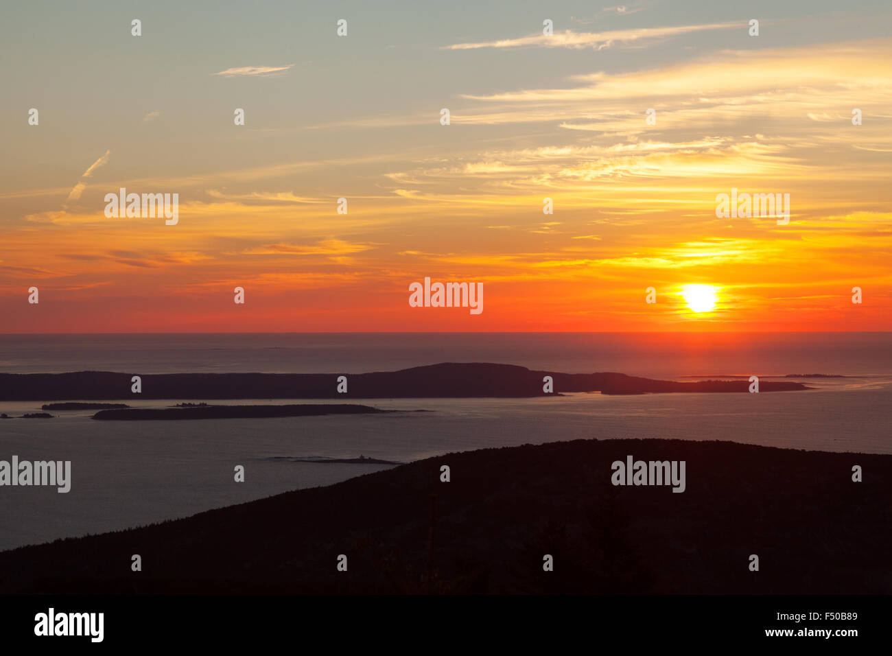 Sunrise over the Atlantic Ocean seen from Cadillac Mountain, Acadia National Park, Maine USA Stock Photo