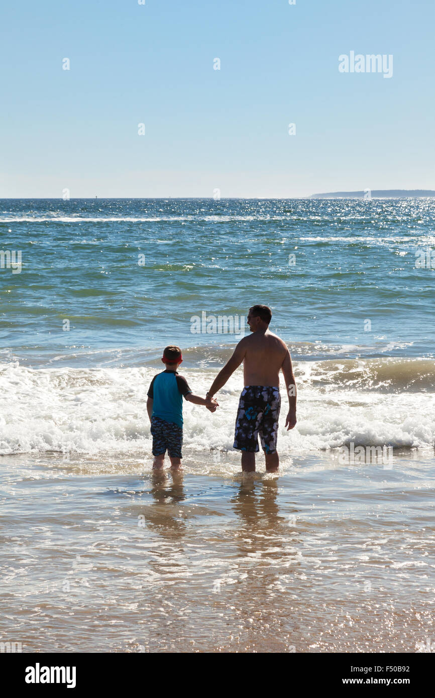 A father holding his son's hand and looking out to see, rear view, concept of fatherhood, USA Stock Photo